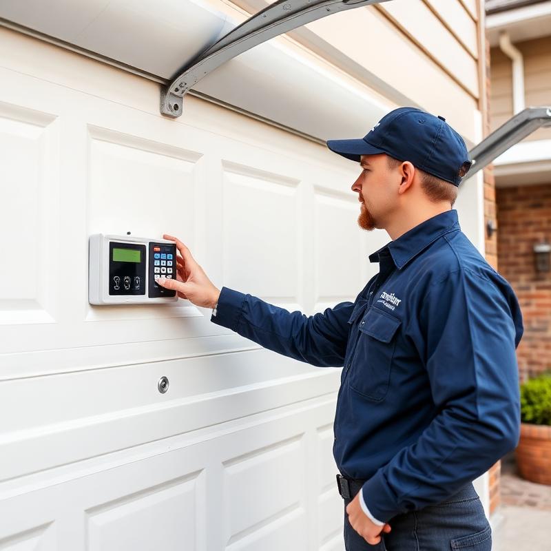 Expert garage door technician programming keypad and remote